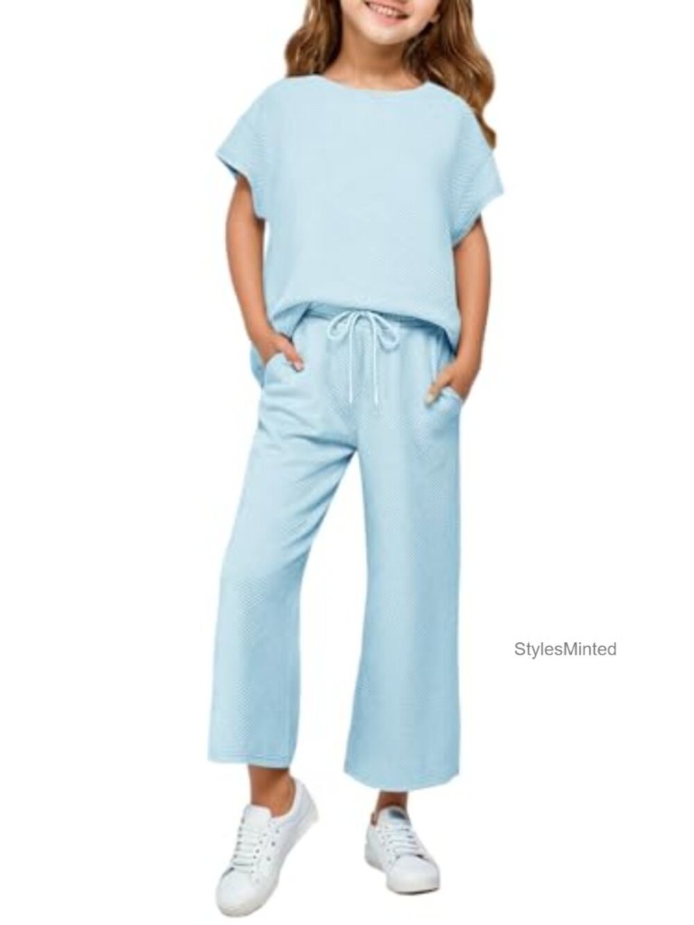 Girls 2 Piece Outfit Cap Sleeve Top Wide Leg Pants Set Lightweight